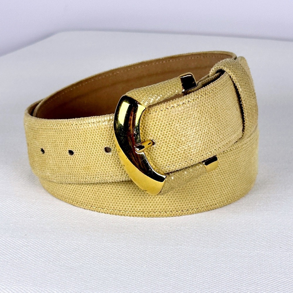 Sandy Duftler Cream Beige Belt Chic Luxury Lizard Embossed Gold Buckle Medium